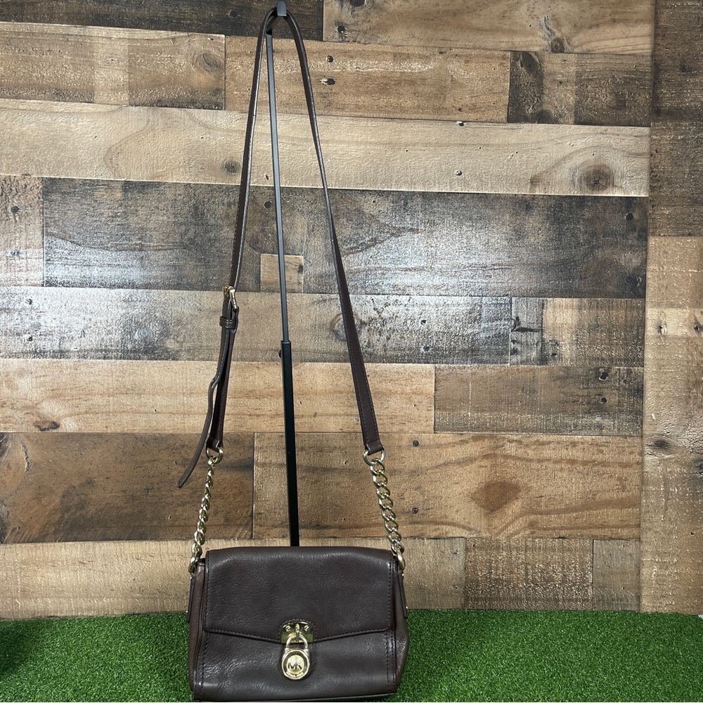 VTG MICHAEL KORS BABY HAMILTON Crossbody Brown Leather Chain Strap Padlock Flap - Picture 2 of 12